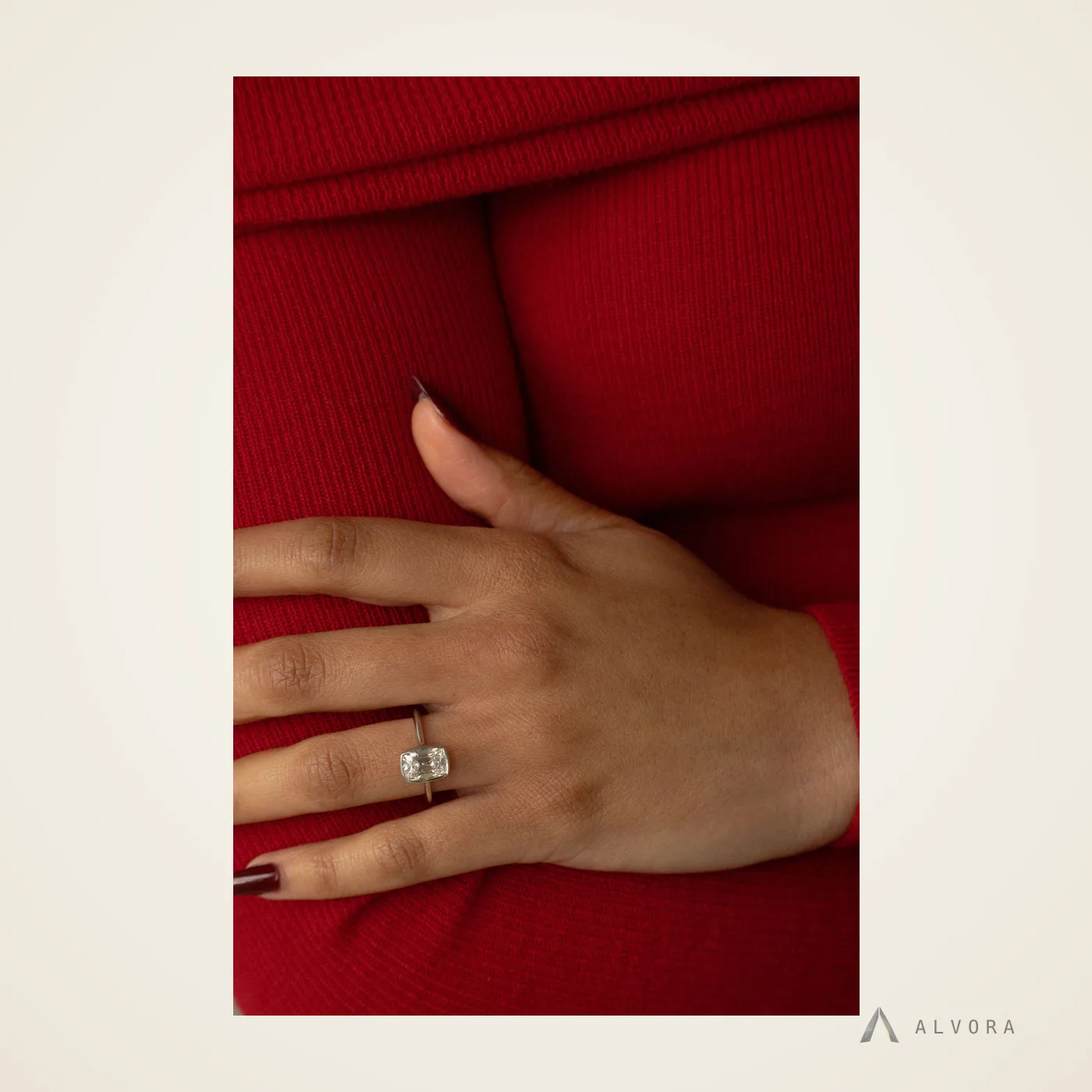 Nerida Elongated Cushion Bezel, elongated cushion bezel lab-grown diamond engagement ring