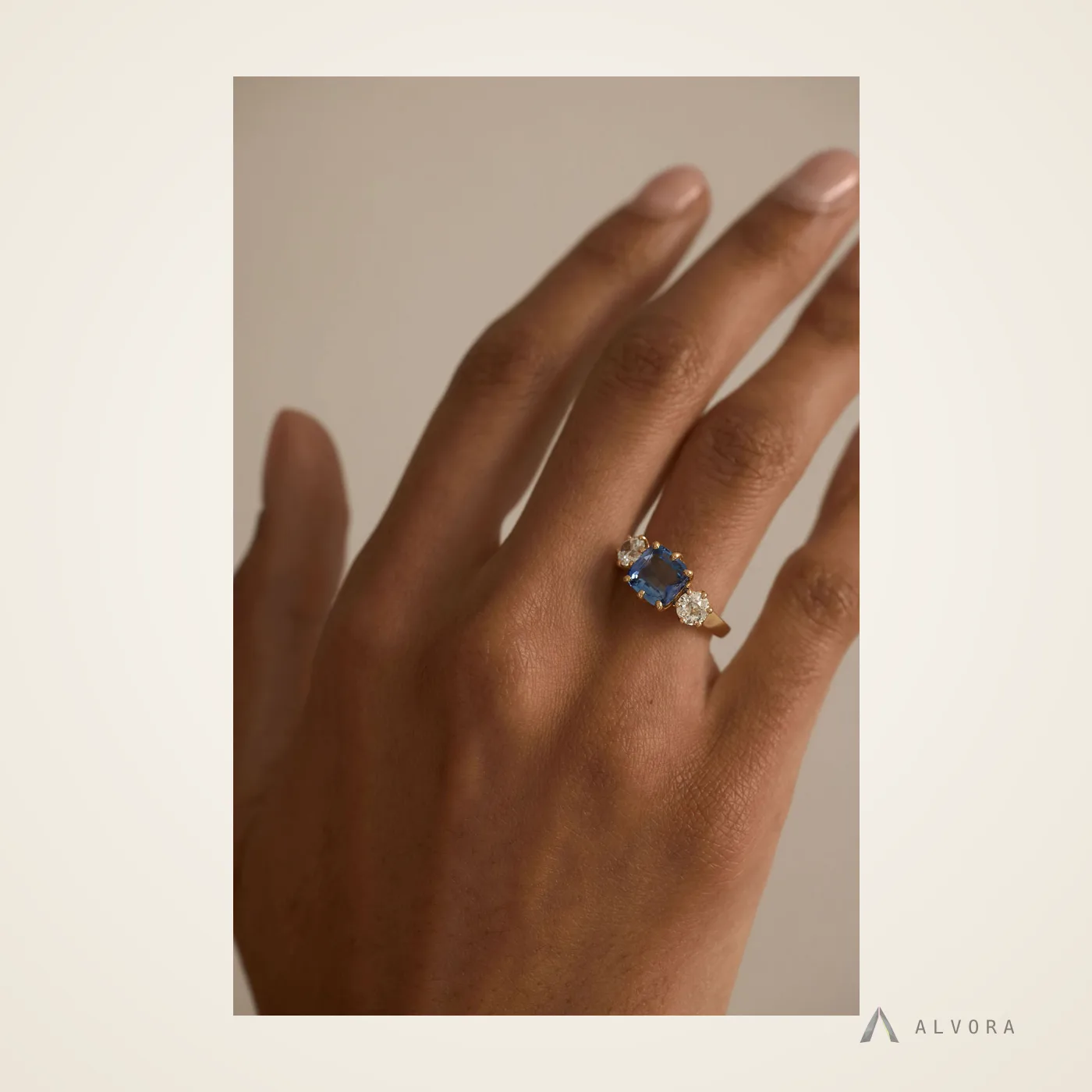 Aisling Blue Three Stone, three stone lab-grown diamond engagement ring
