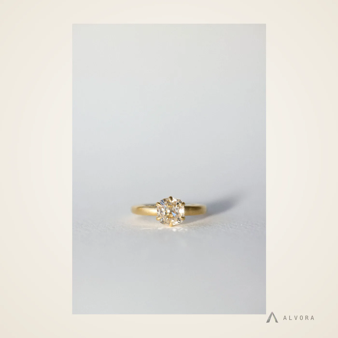 Amabel Champagne Cushion Solitaire, cushion solitaire lab-grown diamond engagement ring