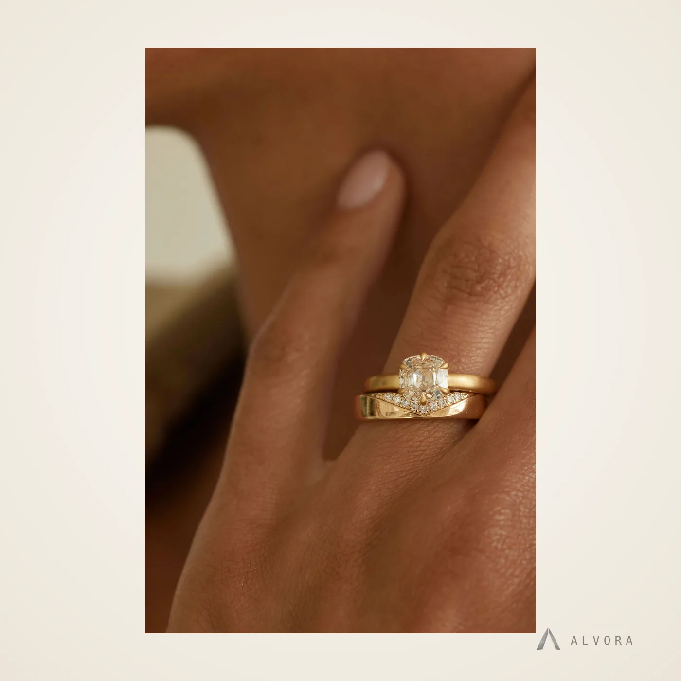 Amabel Champagne Cushion Solitaire, cushion solitaire lab-grown diamond engagement ring