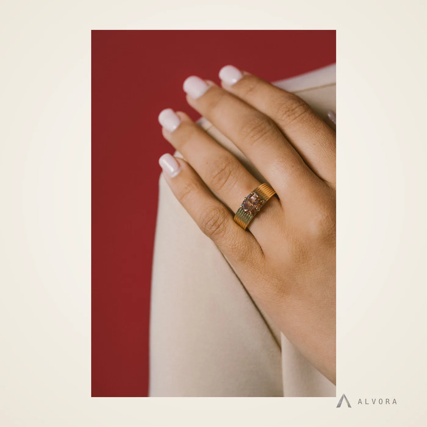 Bruna Champagne Cushion Solitaire, cushion solitaire lab-grown diamond engagement ring