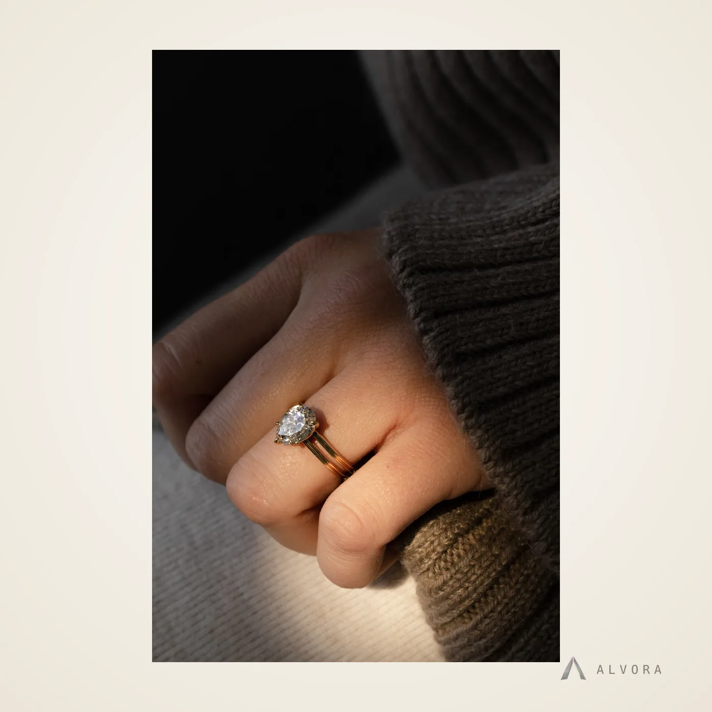 Eira Pear Solitaire, pear solitaire lab-grown diamond engagement ring