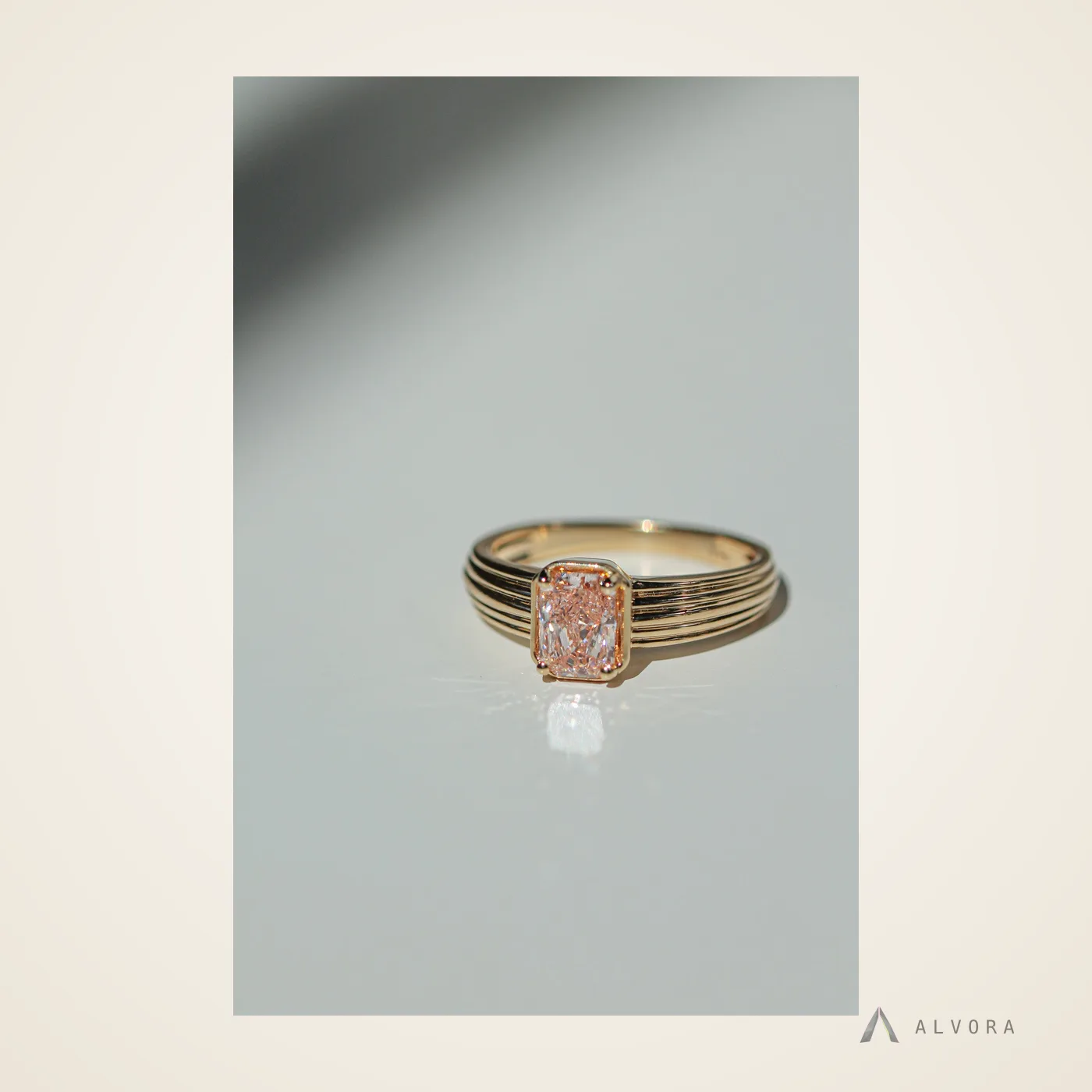 Tessaly Pink Radiant Solitaire, radiant solitaire lab-grown diamond engagement ring