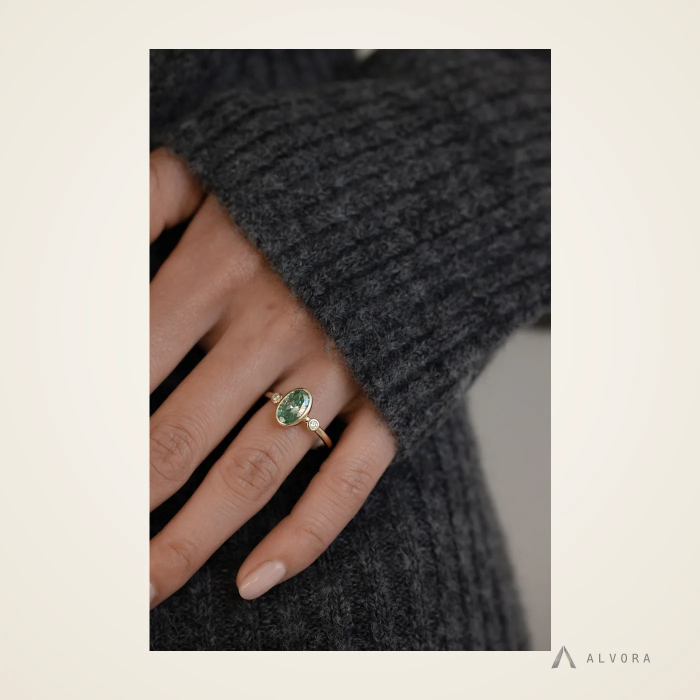Ione Green Oval Solitaire, oval solitaire lab-grown diamond engagement ring