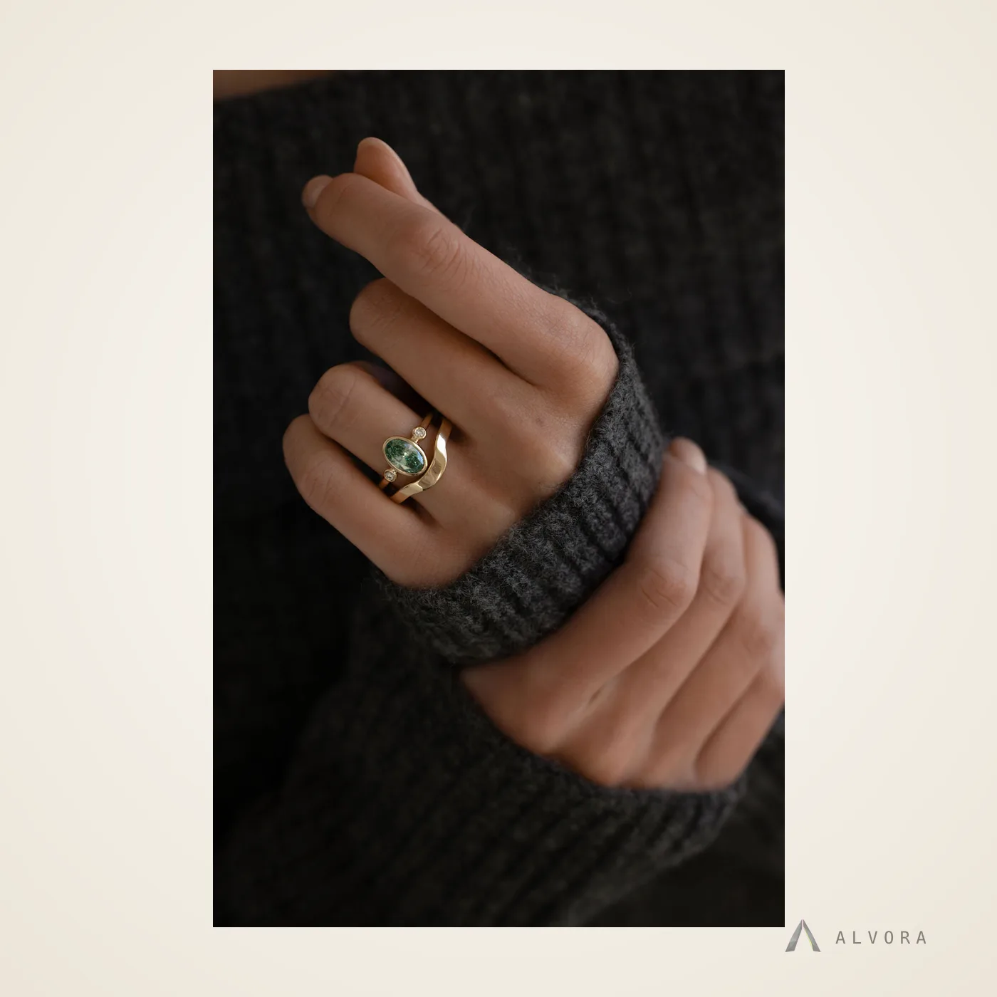 Ione Green Oval Solitaire, oval solitaire lab-grown diamond engagement ring