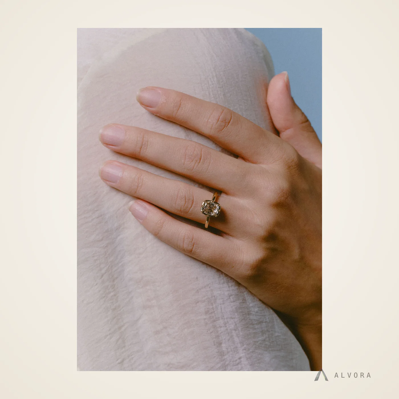 Hannelore Champagne Cushion Solitaire, cushion solitaire lab-grown diamond engagement ring