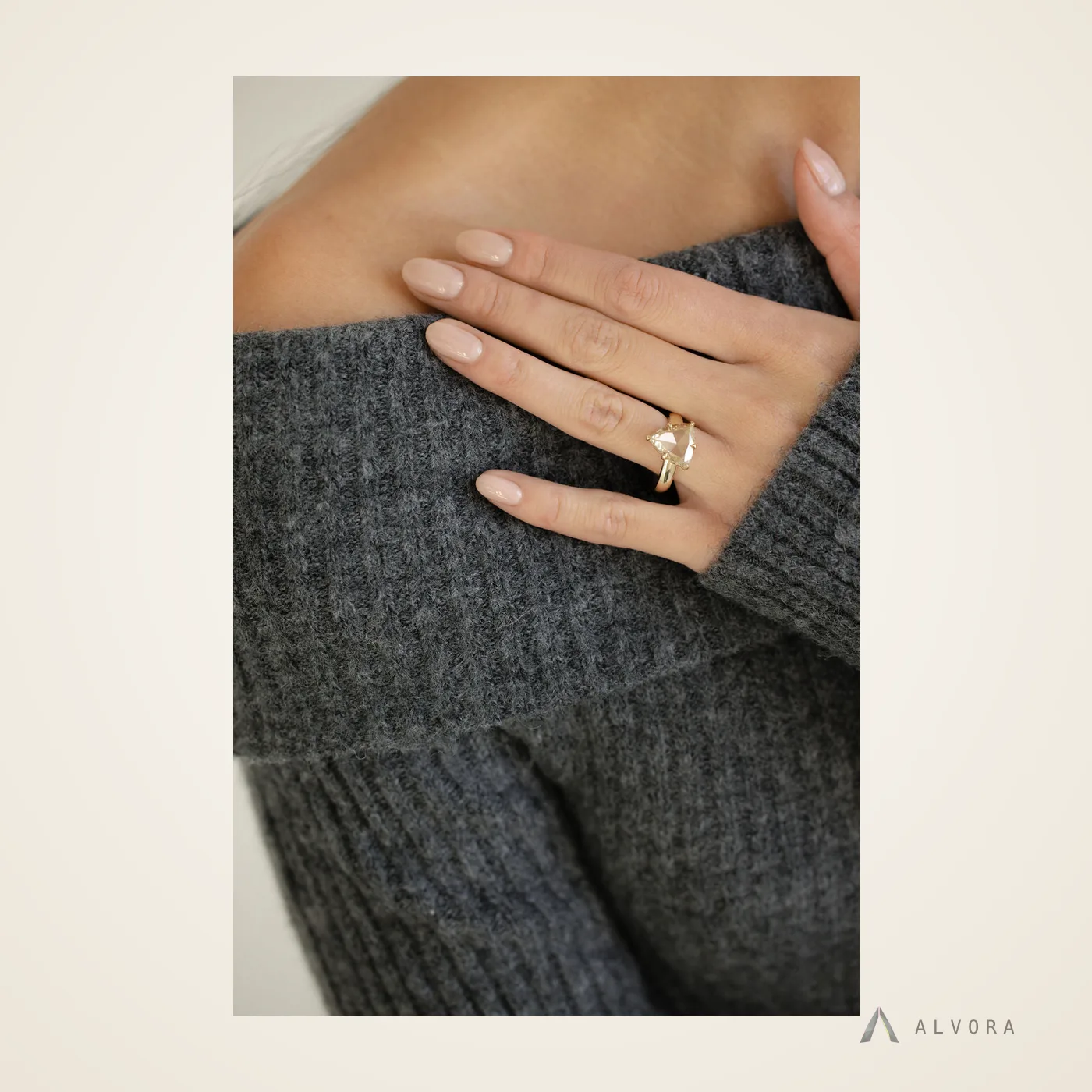 Yasmina Champagne Trillion Solitaire, trillion solitaire lab-grown diamond engagement ring