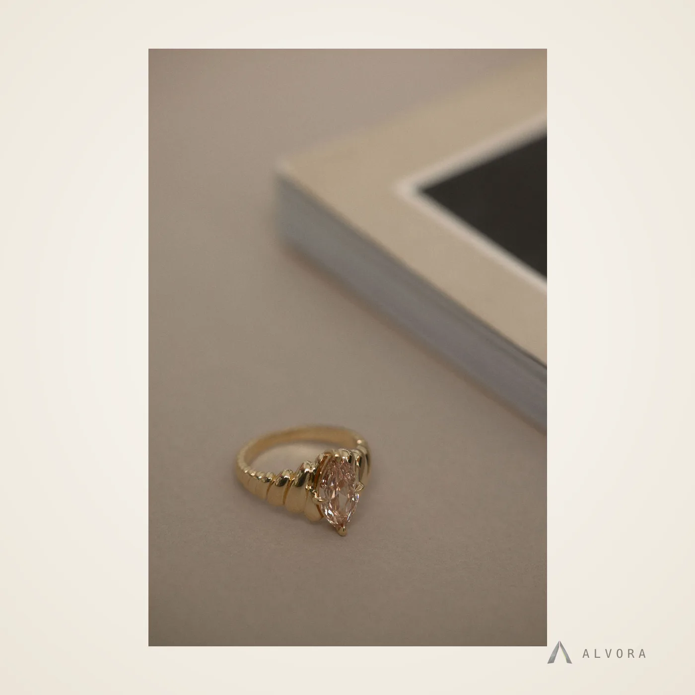 Zoraya Champagne Marquise Solitaire, marquise solitaire lab-grown diamond engagement ring