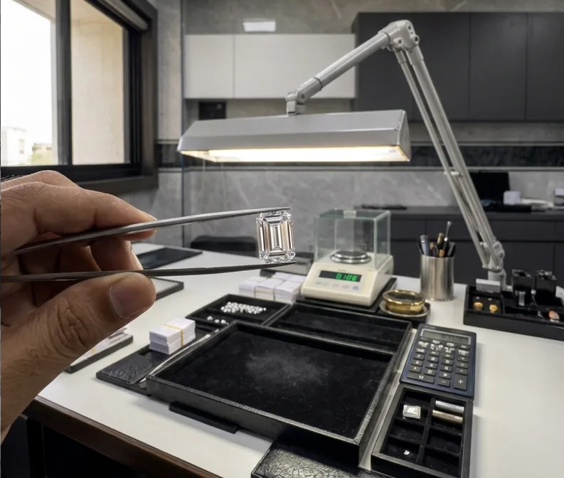 An emerald-cut diamond held in tweezers under the bench lamp